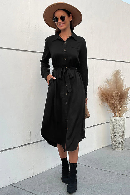 Emilia™ | Elegant Belted Midi Shirt Dress